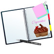 Recipe book ilustrated with choco and cherry cupcakes
