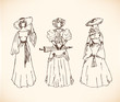Set with sketches of women in historical clothes