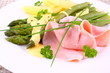 Green asparagus with prosciutto, potato, chives and sauce