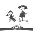 My family. Children by bicycle and a skateboard