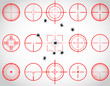 Set of fifteen red cross hairs, with bullet holes, vector