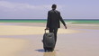 Businessman with suitcase walking on exotic beach