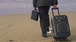 Businessman with suitcase walking on beach