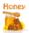 Jar of honey and honeycombs isolated on white