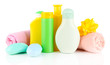 Baby cosmetics, towels and soap, isolated on white