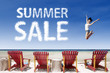 Photo: Advertising summer sale jump over beach chairs Advertising summer sale jump over beach chairs