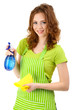 Young woman holding sprayer, isolated on white