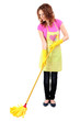 Young housewife with mop, isolated on white
