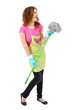 Young housewife with mop, isolated on white