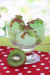 Delicious ice cream on table on bright background