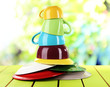 Mountain colorful dishes on nature background