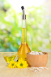 Useful pumpkin seed oil on wooden table on natural background