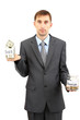 Young businessman with money isolated on white.