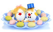 Easter eggs and two chicken toys isolated on white