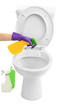 Woman hand with spray bottle cleaning a toilet bowl, isolated