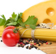 Italian raw pasta with tomatoes, cheese and spices