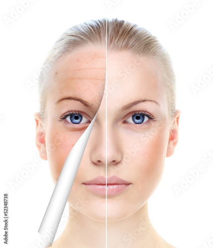 Photo: Beautiful woman's portrait isolated on white, before and after r Beautiful woman's portrait isolated on white, before and after r