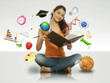 Girl reading book with flying object