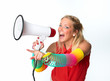 Blonde Frau  mit Megafon