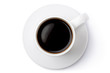 White ceramic coffee mug on the saucer. Top view.