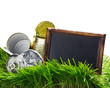 garbage out of tin cans and a blackboard