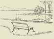 Vector landscape. Bench in the park overlooking the river