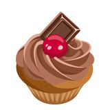 Cupcake with chocolate cream and cherry. Vector illustration.