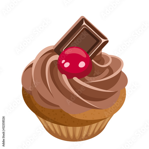 Vector: Cupcake with chocolate cream and cherry. Vector illustration. Cupcake with chocolate cream and cherry. Vector illustration.