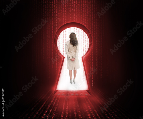 Photo: Businesswoman standing in the keyhole doorway Businesswoman standing in the keyhole doorway