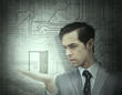 Concentrated businessman holding an open door