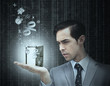 Concentrated businessman holding a door