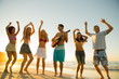 Friends having a party and playing guitar on the beach