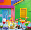 Colorful varied tropical Cocktails in tropical Caribbean house