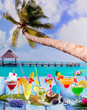 Colorful many tropical Cocktails in tropical blue wood