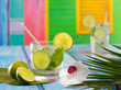 Cuban Mojito cocktail in tropical blue wood flowers and starfish