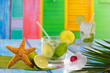 Cuban Mojito cocktail in tropical blue wood flowers and starfish