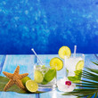 Cuban Mojito cocktail in tropical blue wood flowers and starfish
