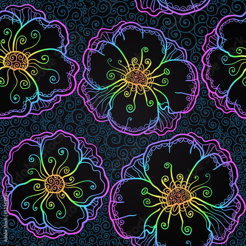 Vector: Rainbow doodle poppy flowers seamless pattern Rainbow doodle poppy flowers seamless pattern