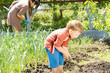 Little boy working with his mother in the garden