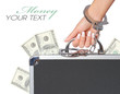 money, case of dollars in hand with handcuffs, isolated