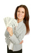 Photo: A young woman with dollars in her hands A young woman with dollars in her hands