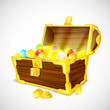 vector illustration of treasure chest of gold coins and gems