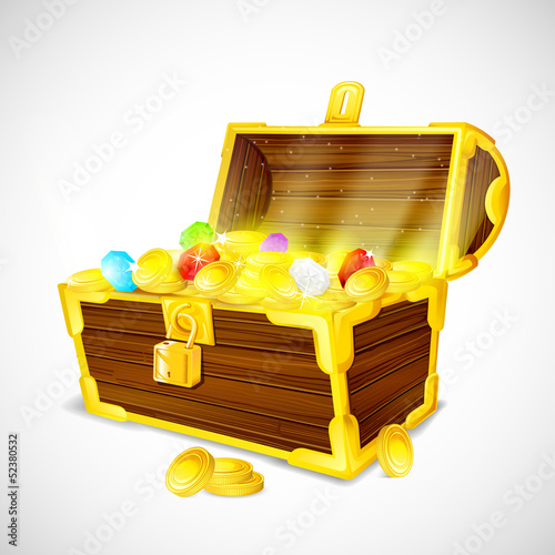 Vector: vector illustration of treasure chest of gold coins and gems vector illustration of treasure chest of gold coins and gems