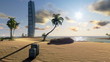 Hotel on the beach with suitcases and yacht sailing, panning