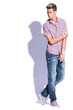 casual man holding elbow