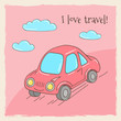 Color vintage card with car and clouds
