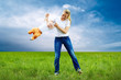 Mother and son funning outdoors