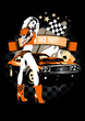 Motor race party design template with beautiful girl and retro c