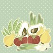 świeże warzywa na tle w kropki retro ilustracja