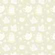 Breakfast seamless pattern with tea pots, cups, sugar, teabag